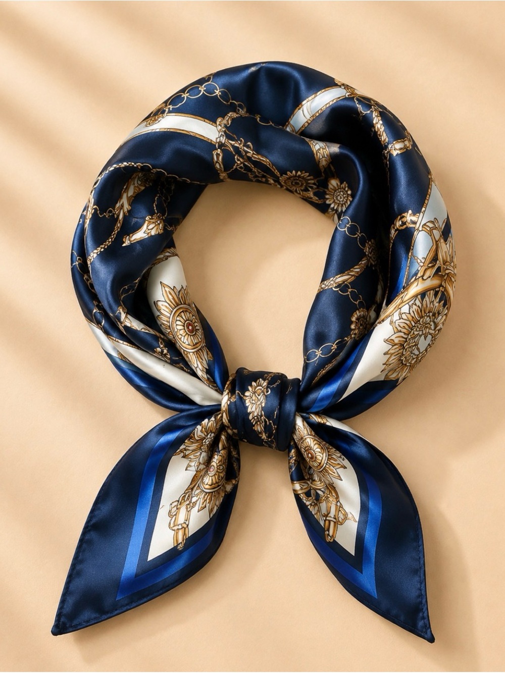 Silk-Feel Navy and Gold Chain Print Neck Scarf
